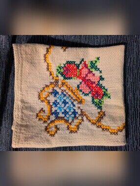 Hand-Embroidered Floral Cross Stitch Linen Square  Pink Blue Gold 10.5 x 10.5